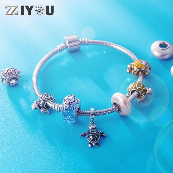 Sea Turtle Charm Sterling Silver with Blue Glass Beads Fit Pandora Ocean Bracele - Picture 6 of 7